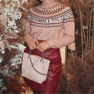 Abercrombie & Fitch Pink Knit Top and Red Leather Skirt